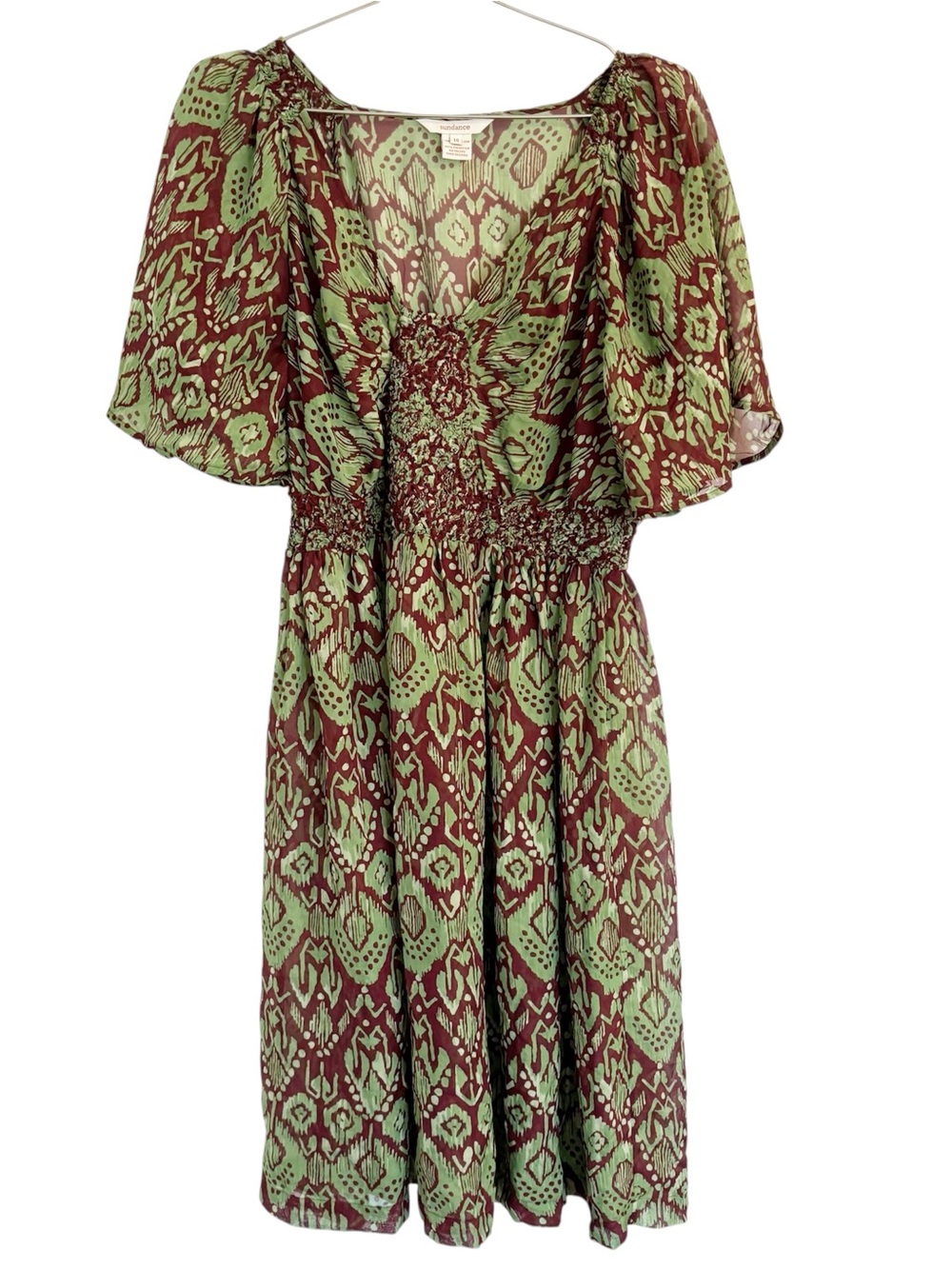 Sundance Catalog Silk Boho Ikat Green and Brown Flutter Dress Size 14